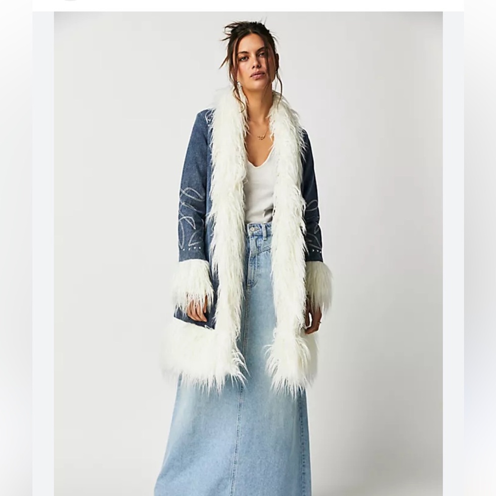 Denim coat with fur trim, understated leather from free people